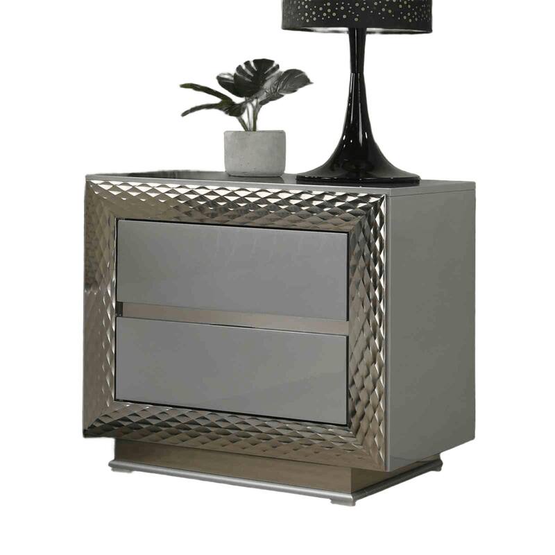 Glam Nightstand - Gray Finish with Plinth Base & Silver Molding