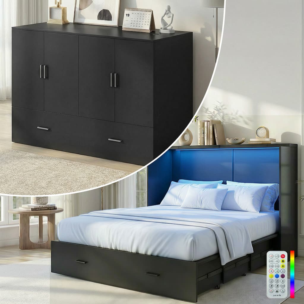 Mixoy Smart RGB LED Murphy Bed,Space Saving Cabinet Bed with Storage