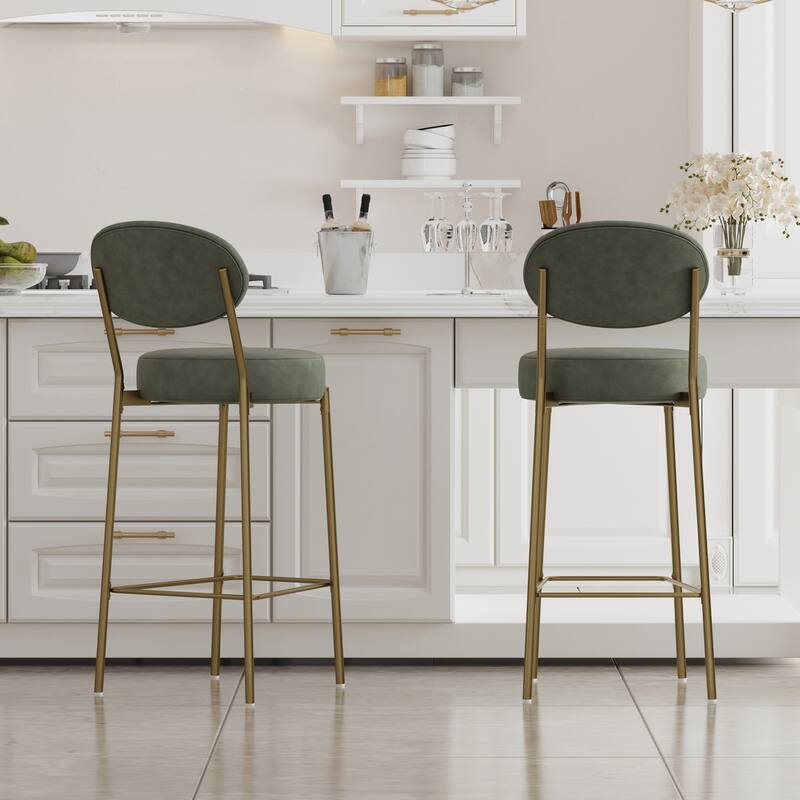Set of 2 29" Faux Leather Bar Stools with Golden Legs, Modern Round Kitchen Counter Dining Chairs - Green
