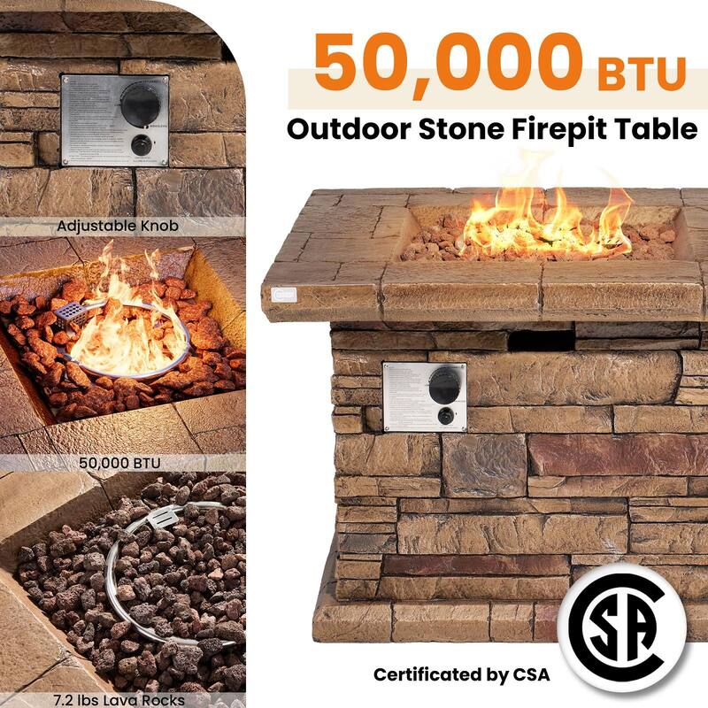 COSIEST Outdoor Square Propane Fire Pit Table w Faux Brown Ledgestone - 32" W x 32" D x 25" H