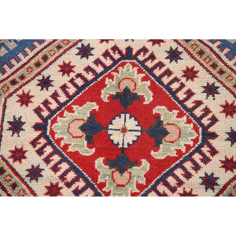 Blue Geometric Kazak Area Rug Handmade Oriental Wool Carpet - 6'8" x 9'9"