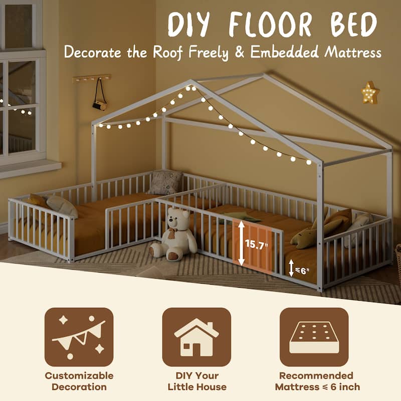 Twin Size L-shaped Corner Montessori Bed with Fence, Metal House-shaped Bed Frame, Without Slats, Floor House Bed for 2 Kids