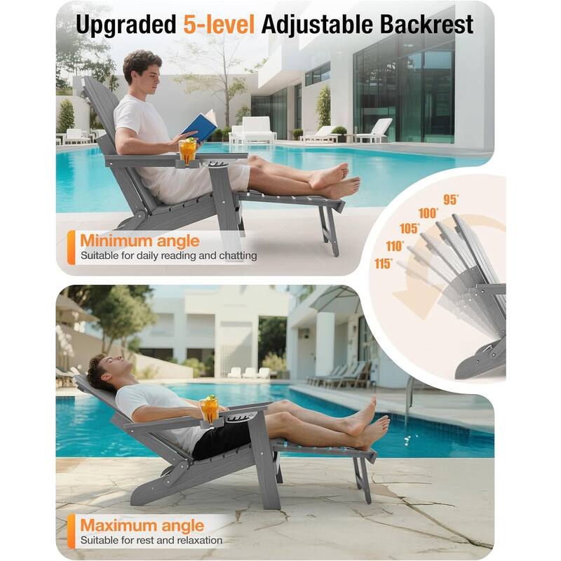 WINSOON Set of 2 HIPS Folding Adirondack Chair with Adjustable Backrest and Retractable Ottoman