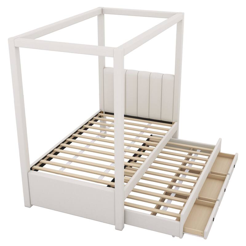 Modern Canopy Bed Frame with Upholstered Headboard/Wood Platform Bed with Trundle & 3 Storage Drawers/Wood Slats Support/Beige