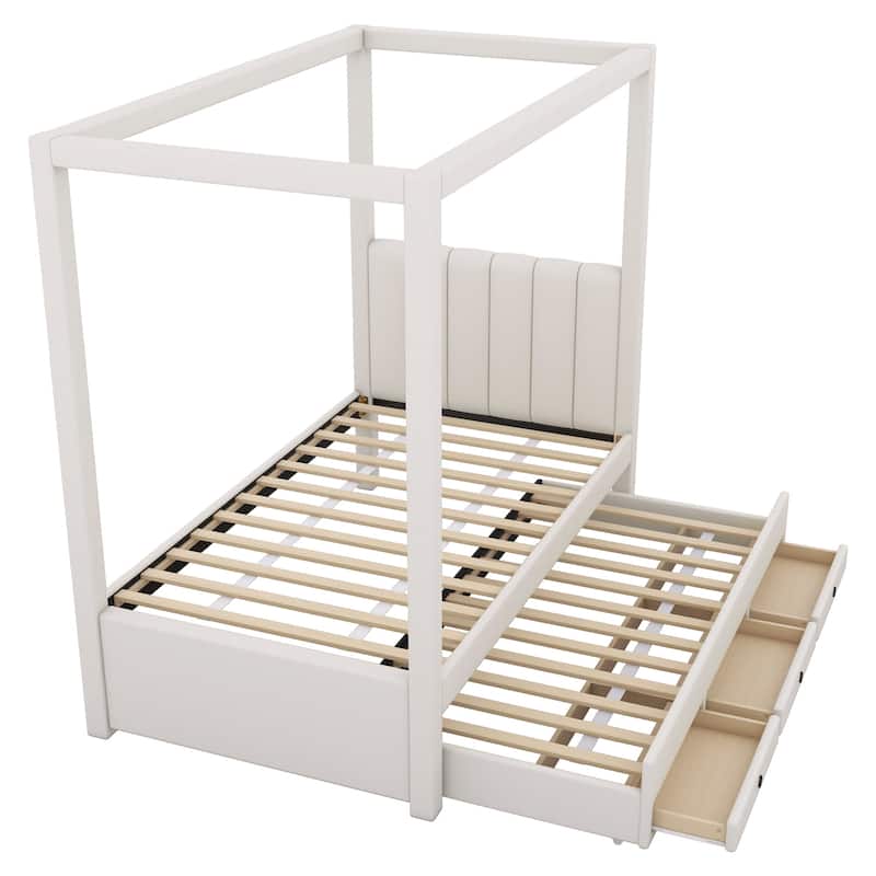 Twin Size Canopy Bed with Trundle and 3 Storage Drawers
