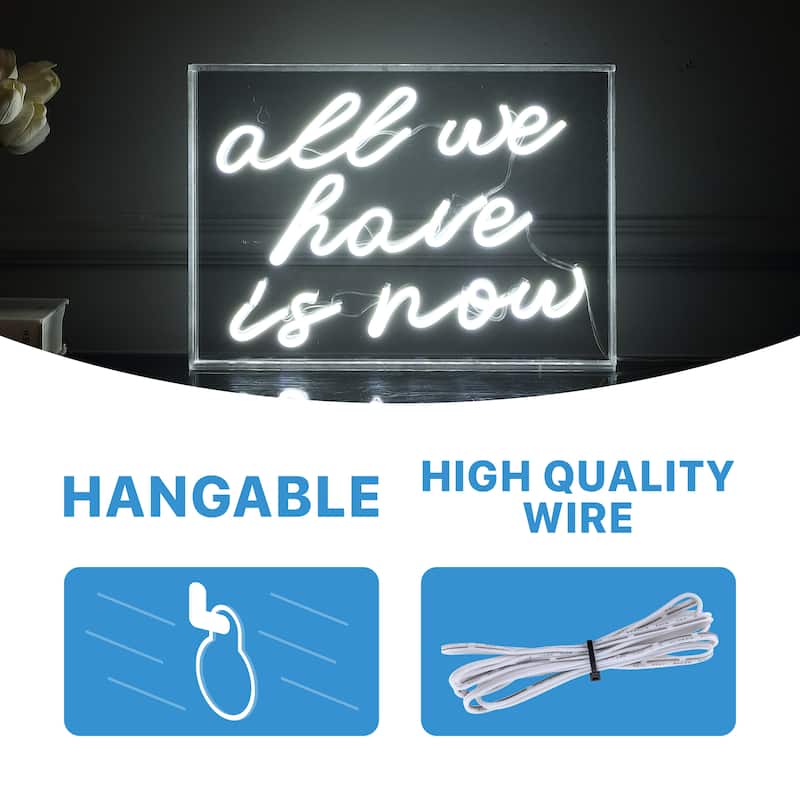 All We Have Is Now 14" X 10" Contemporary Glam Acrylic Box USB Operated LED Neon Light, White by JONATHAN Y - 14" X 10"