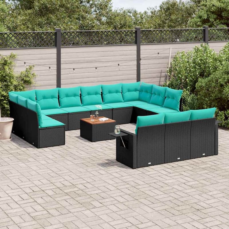 vidaXL 14 Piece Patio Sofa Set with Cushions Black Poly Rattan - 24.4" x 24.4" x 27.2" - Black and blue