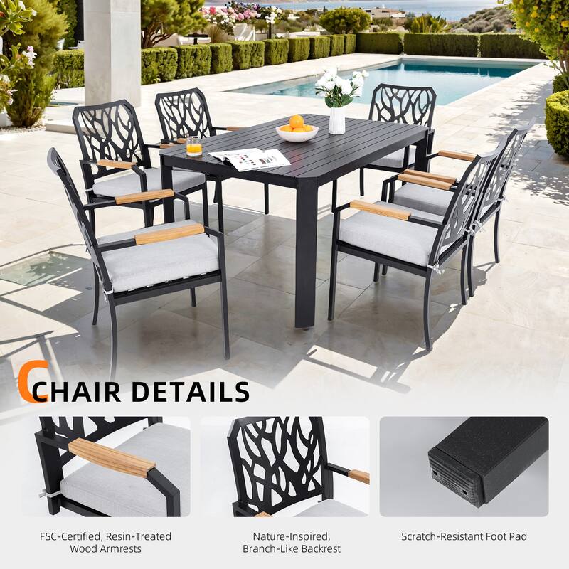 2-Piece Stationary Patio Dining Chairs - K/D Aluminum Frame, Branch Back, Wood Arms, Sunbrella Cushions, Bourbon Brown
