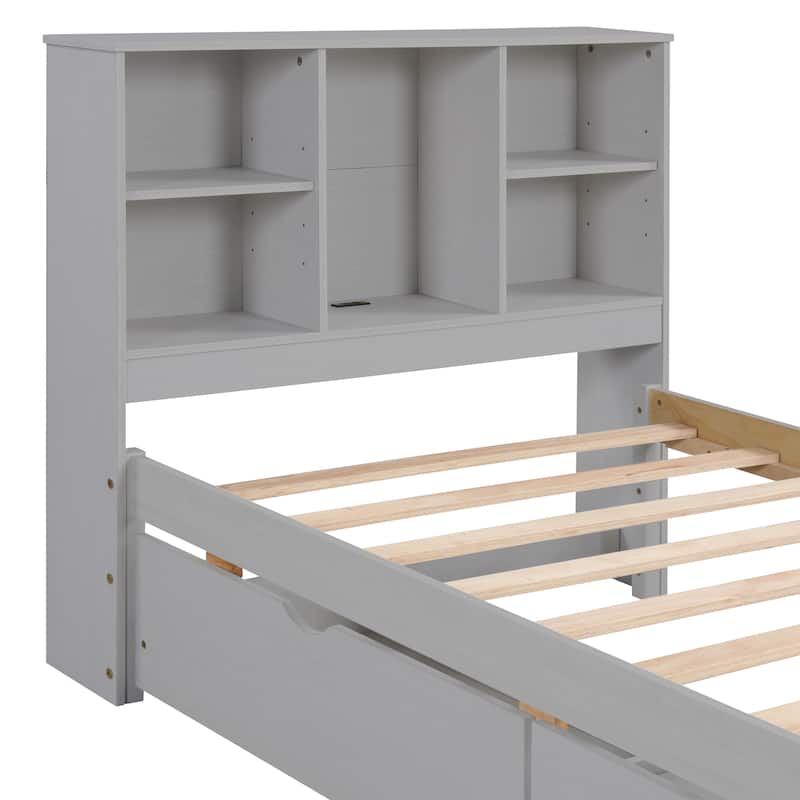 Grey Modern Twin Size Bed with Built-in USB Port on Bookcase Headboard and 2 Drawers
