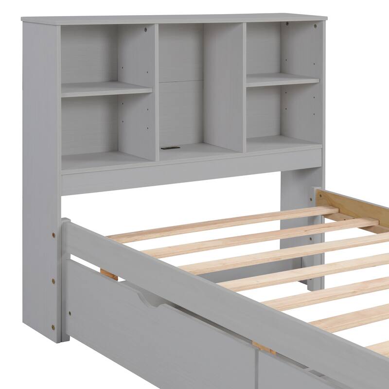 Modern Twin Size Bed Frame with USB Port, Bookcase Headboard, and 2 Drawers in Grey