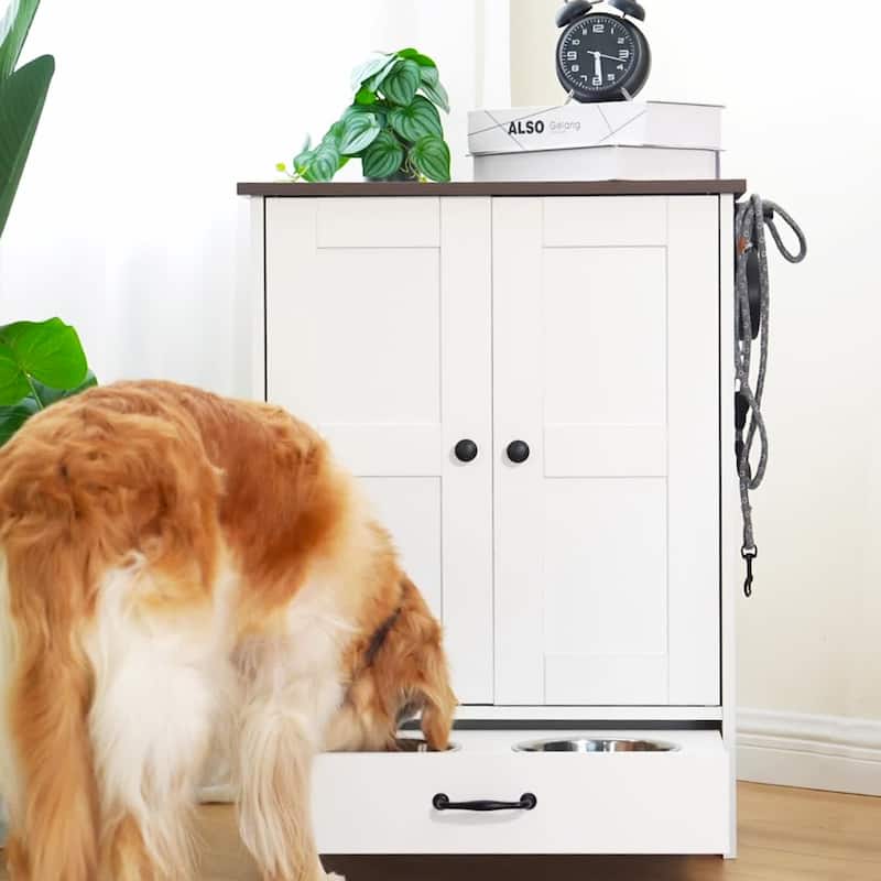 Dog Feeding Station, Dog Food Storage Cabinet with Hidden Dog Bowls, Adjustable Panel, Hooks, for Medium Sized Dogs