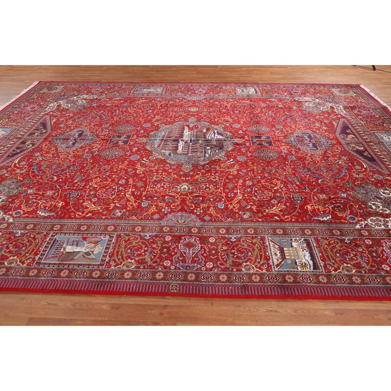 Pictorial Red Floral Kashan Turkish Area Rug Machine Made Carpet - 9'8" x 13'1"