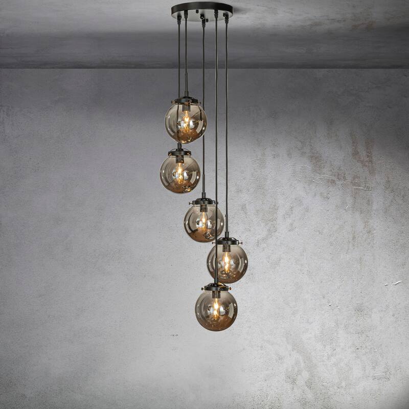 CraftHome 5-Lights Modern Staircase Globe Bubble Glass Linear Chandelier - Matte Black
