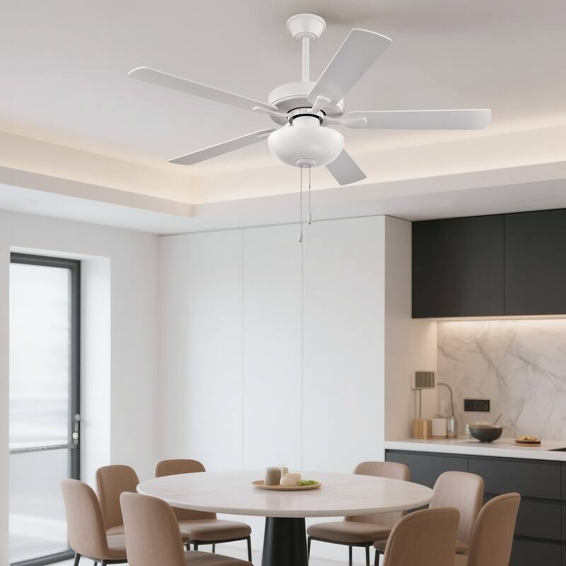 White 52 in. Indoor 5-Blade Modern Reversible Ceiling Fan with Light Kit and Pull Chain - 52 in. Dia x 16.7 in. or 21.7 in.