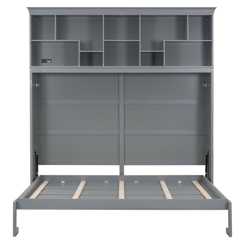 Queen Size Foldable Wall Bed with Shelves & USB, Space-Saving Design, Gray