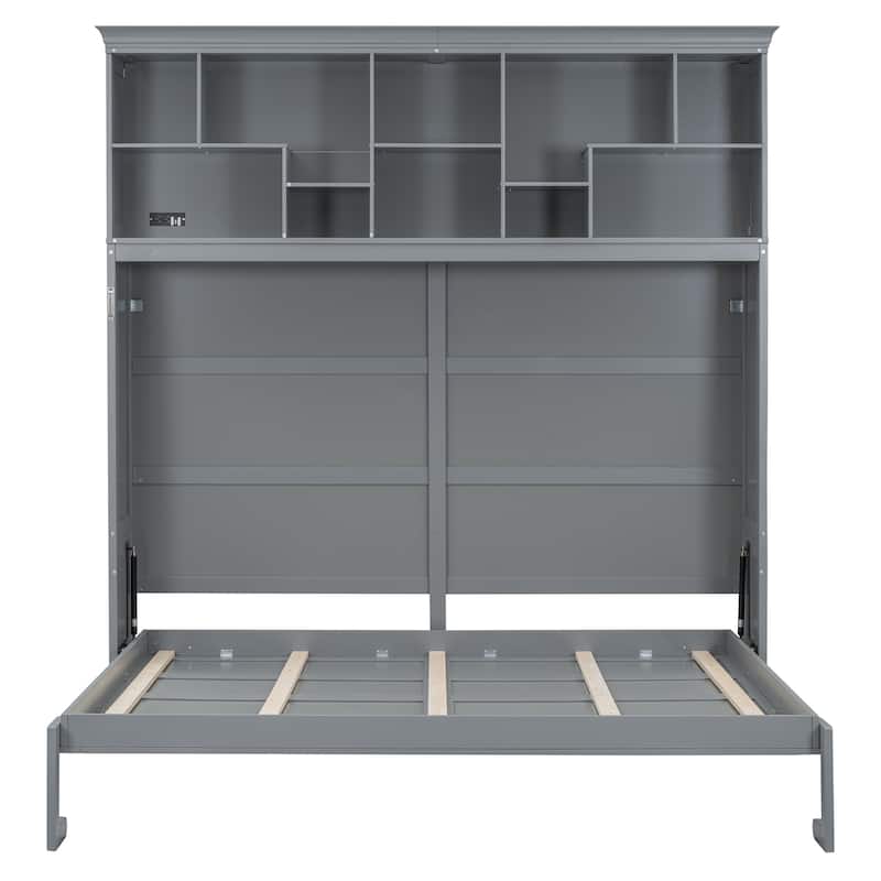 Wall Cabinet Bed Queen Murphy Bed with Top Shelves & Charging Station