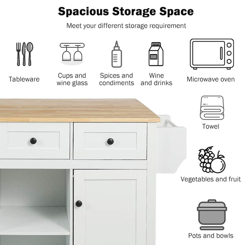 53 in. Rubber Wood Drop-Leaf Countertop Kitchen Island on 5 Wheels with Storage Cabinet and 3 Drawers - 53''