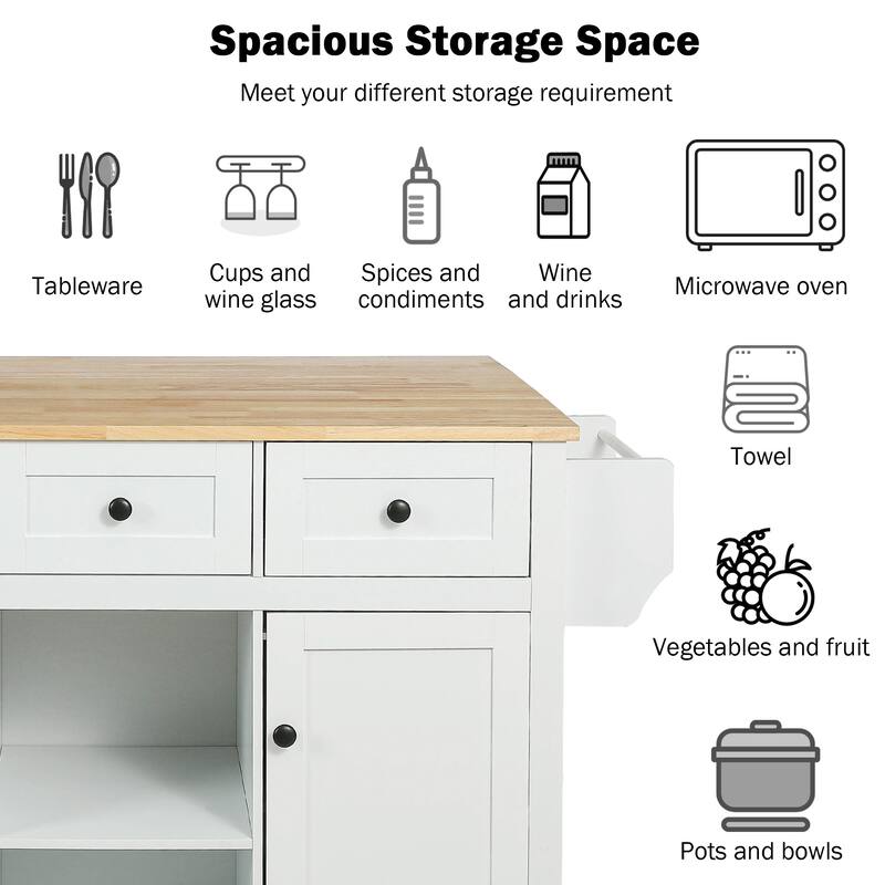 Rolling Kitchen Island Cart with Rubberwood Drop-Leaf Countertop, Storage Cabinet, Drawers & Adjustable Shelves