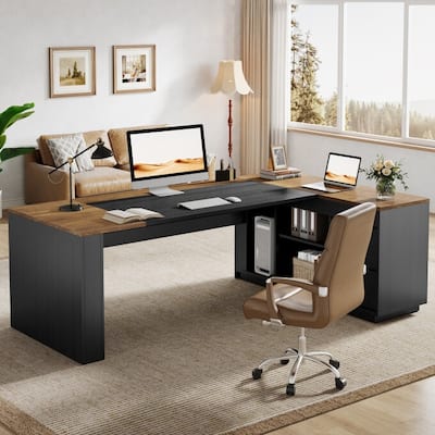 78" L Shaped Executive Office Desk with Cabinet and Storage Shelves