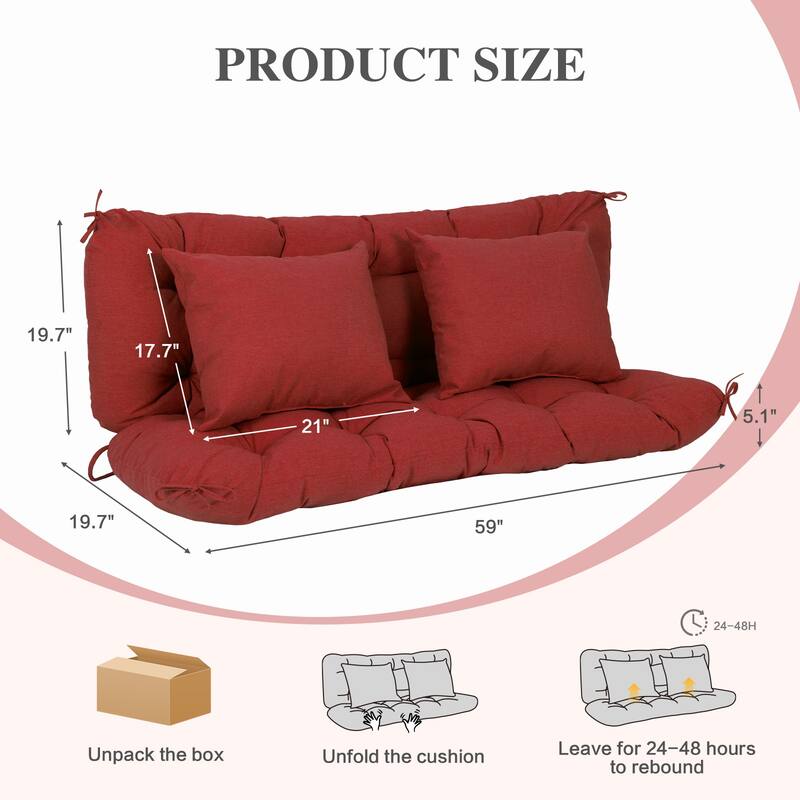 Aoodor 59" Tufted Porch Swing Cushions, Outdoor Swing Replacement Cushion 2-3 Seater with Backrest and 2 Pillows