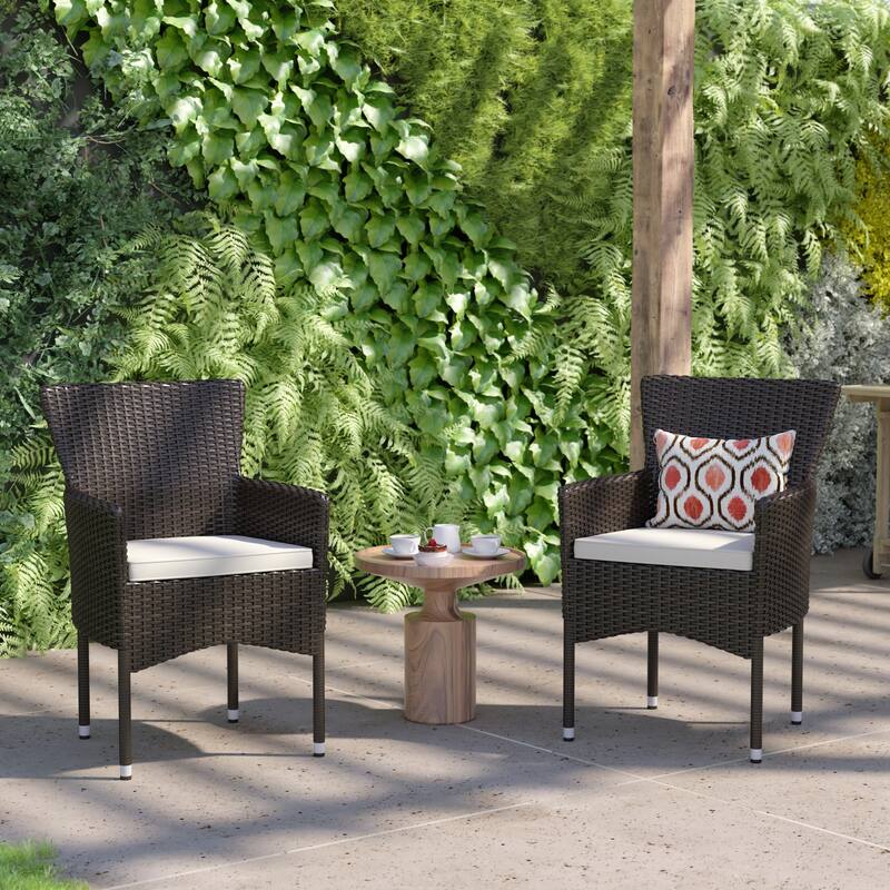 Indoor/Outdoor Wicker Wrapped Steel Frame Patio Chairs & Cushions - Espresso/Cream