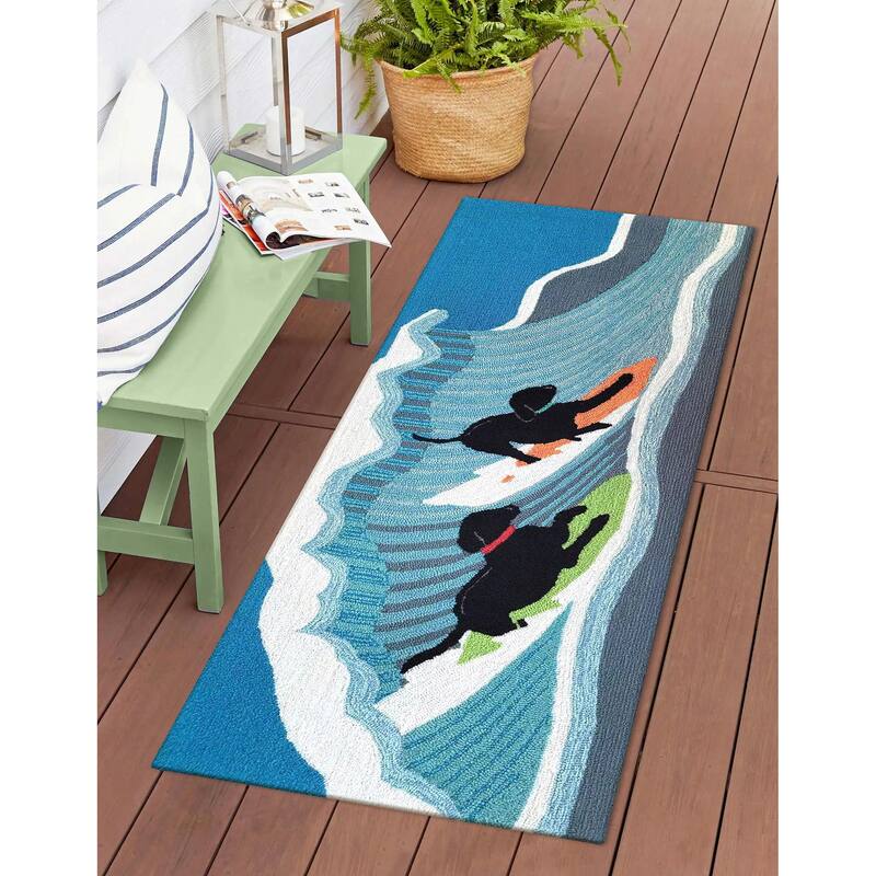 Liora Manne Frontporch Surfing Dogs Indoor/Outdoor Rug - 2' x 5' - Ocean