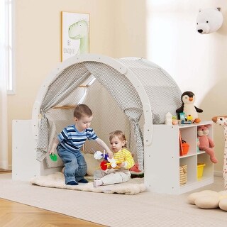 Kids Playhouse 3-in-1 w/8 Cubbies Mattress Space & Curtain Shades - White