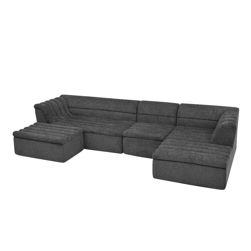 Modular Deep Seat Couches Chenille U-shaped Sleeper Sectional Sofa with Chaise, Ottoman and Wave-Shaped Armrest