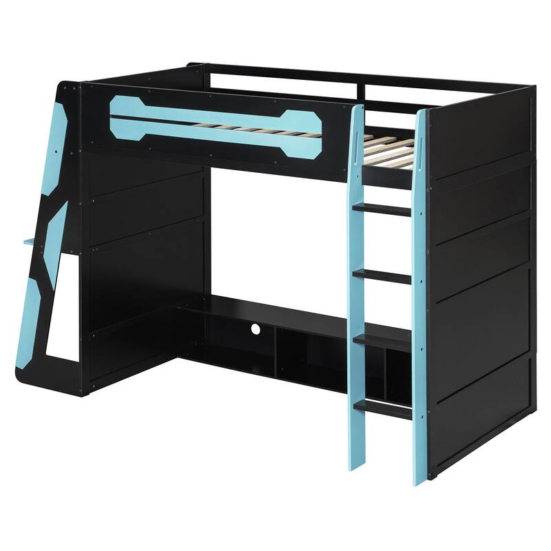 Twin Loft Bed with Esports Desk, RGB Lighting, and Gaming Storage Shelves