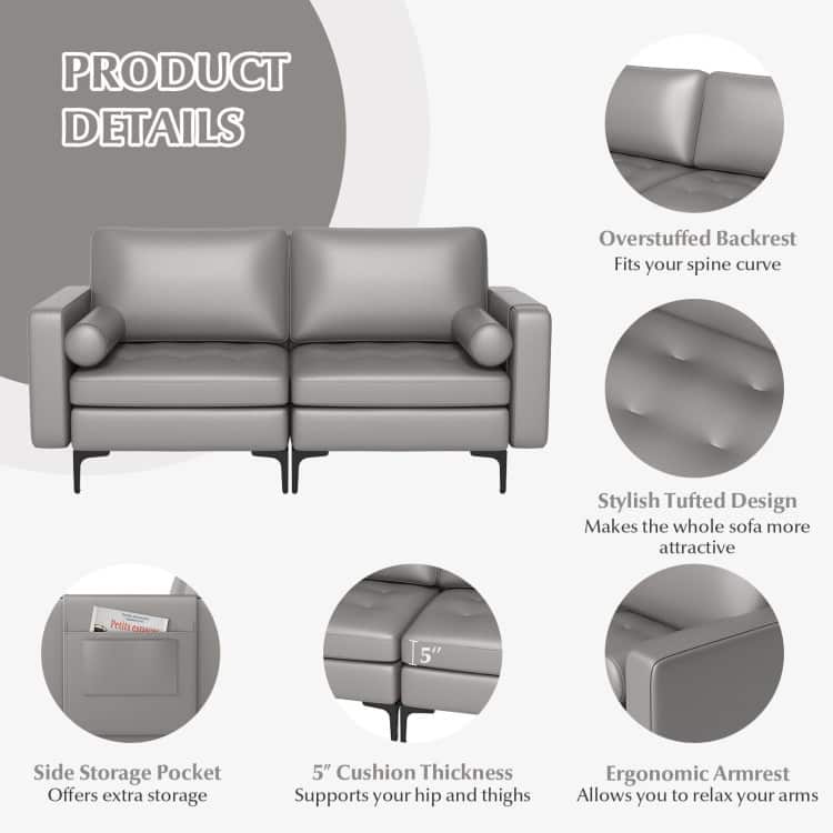Modern Loveseat Sofa with 2 Bolsters and Side Storage Pocket - 68" x 31" x 31.5" (L x W x H)