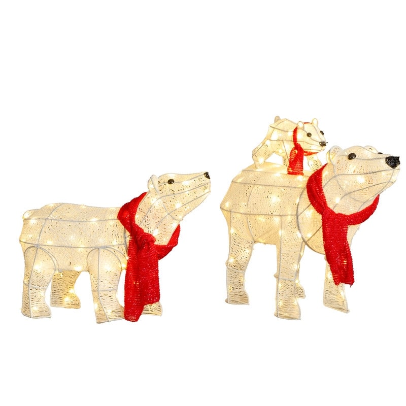 Set of 3 Lighted Polar Bear Family Christmas Decorations - White