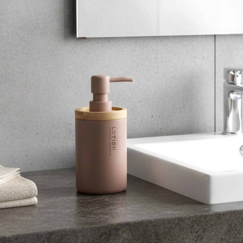 Elegant Soap Dispenser - Polyresin and Bamboo Design, Refillable Liquid Pump - 3 L x 3 W X 7 h - Cappuccino