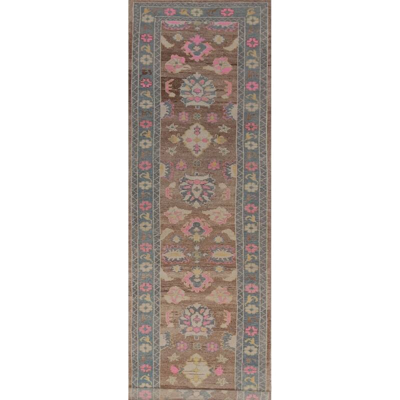 Hand Knotted Oriental 100% Wool Carpet Transitional Floral Brown Oushak Runner Rug - 14' 11'' X 3' 2''