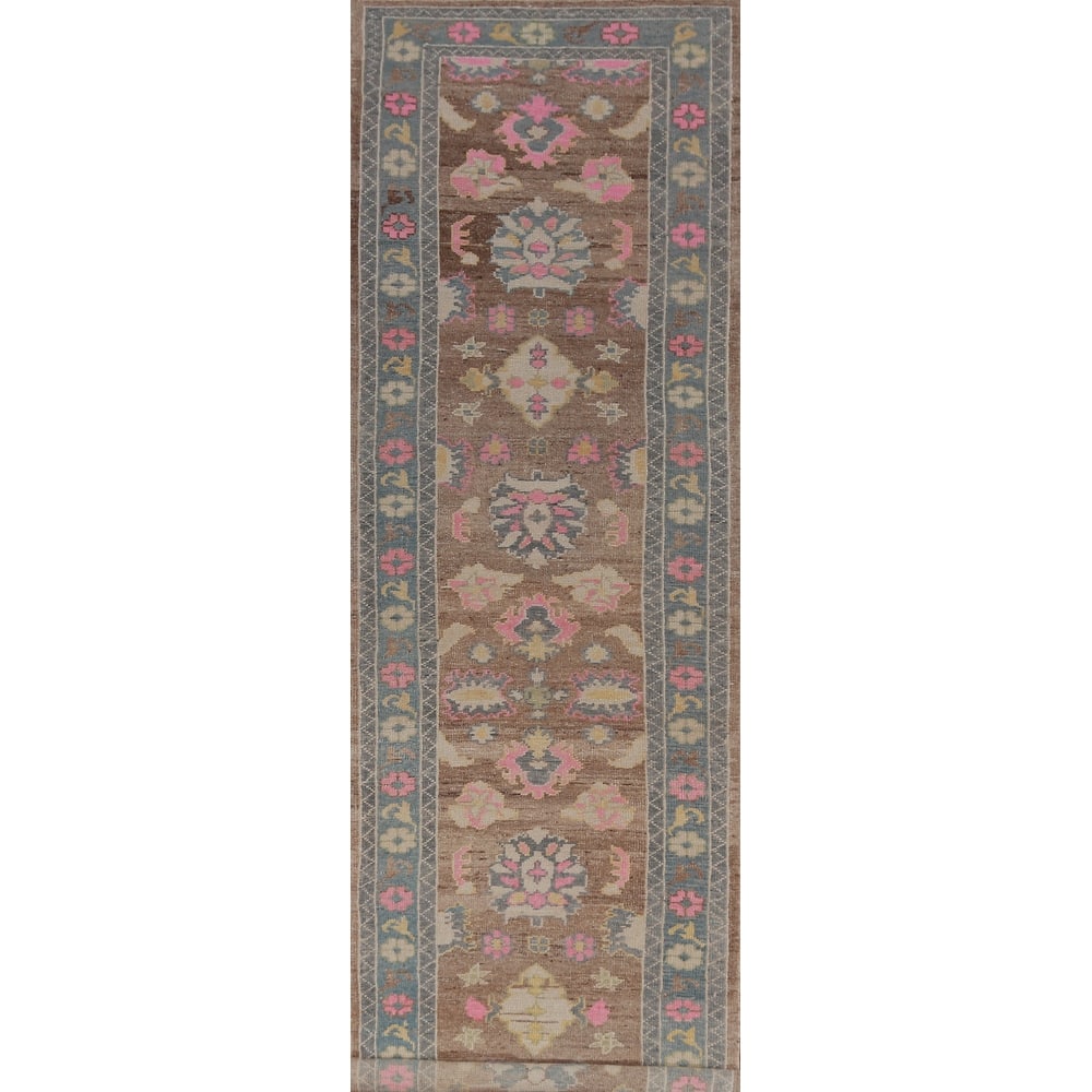 Hand Knotted Oriental 100% Wool Carpet Transitional Floral Brown Oushak Runner Rug - 14' 11'' X 3' 2''