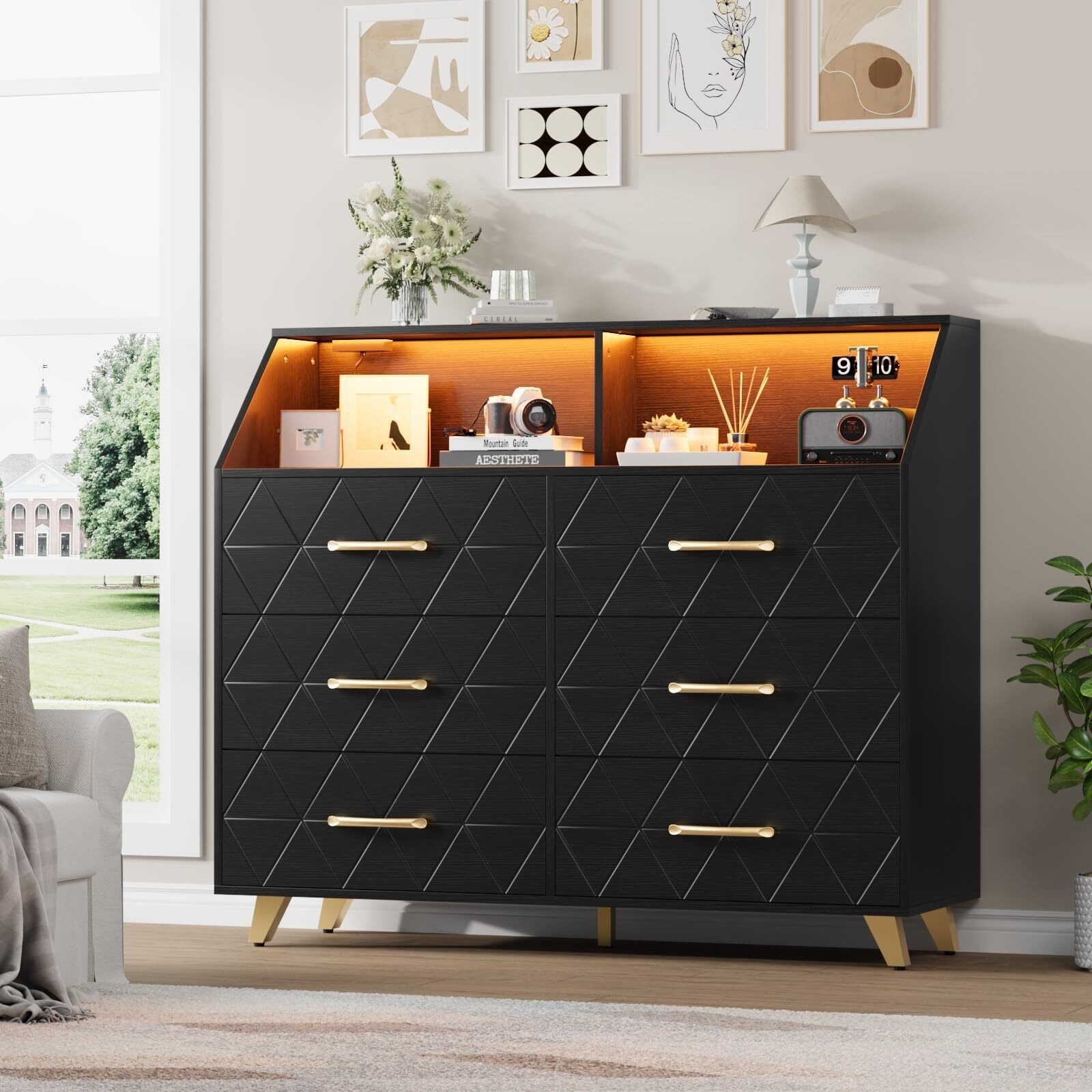 6-Drawer Dresser with Pattern, MDF Wood Chest with LED Lights & Charging Station, Storage Organizer