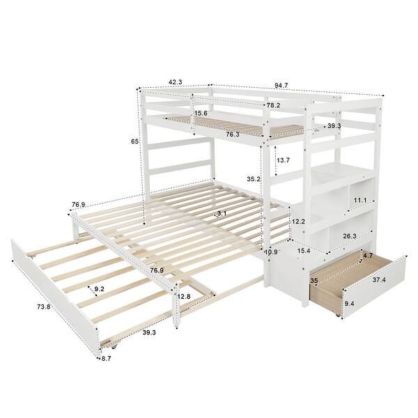White Twin Over Twin/King Pine Bunk Bed with Trundle, Storage Staircase, Guardrail, Drawers