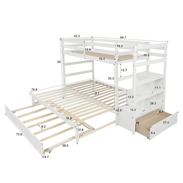 White Twin over Twin/King Pine Bunk Bed with Trundle and Storage Staircase, Full-Length Guardrail, and Drawers
