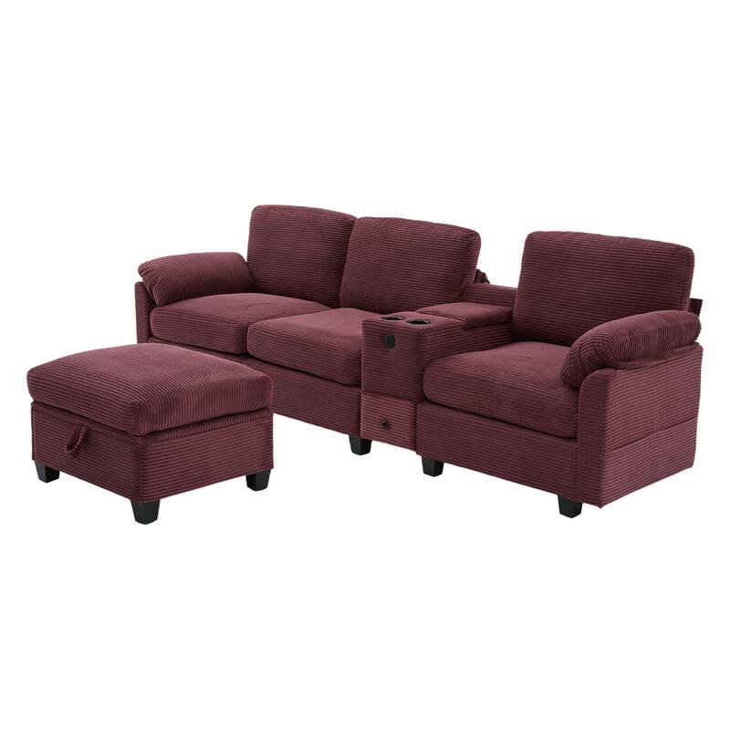 HOMEFUN Corduroy Upholstered L-Shaped 4-seater Storage Multifunctional Sectional Sofa with Storage Ottoman,Cup Holder and USB