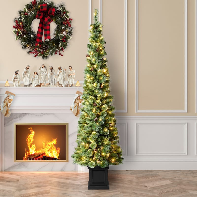 Glitzhome 5ft/6ft/7ft Pre-Lit Green Pine Christmas Potted Porch Tree with LED Lights and Remote Control - 1 Piece-7FT