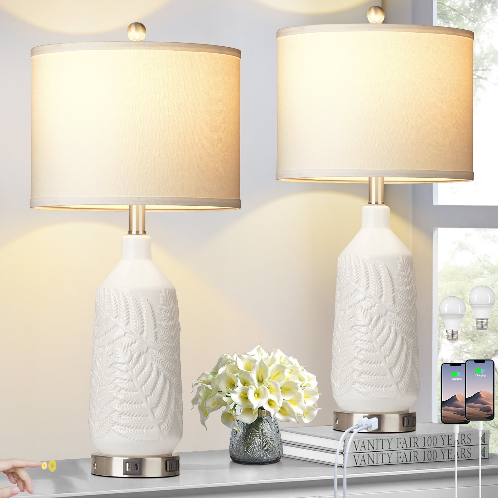 Cinkeda Table Lamps Ceramic White Special Texture Pattern 3 Way Touch Switch USB Type C Charging Ports AC Outlet Set of 2 Size 12 x 12 x 26.8