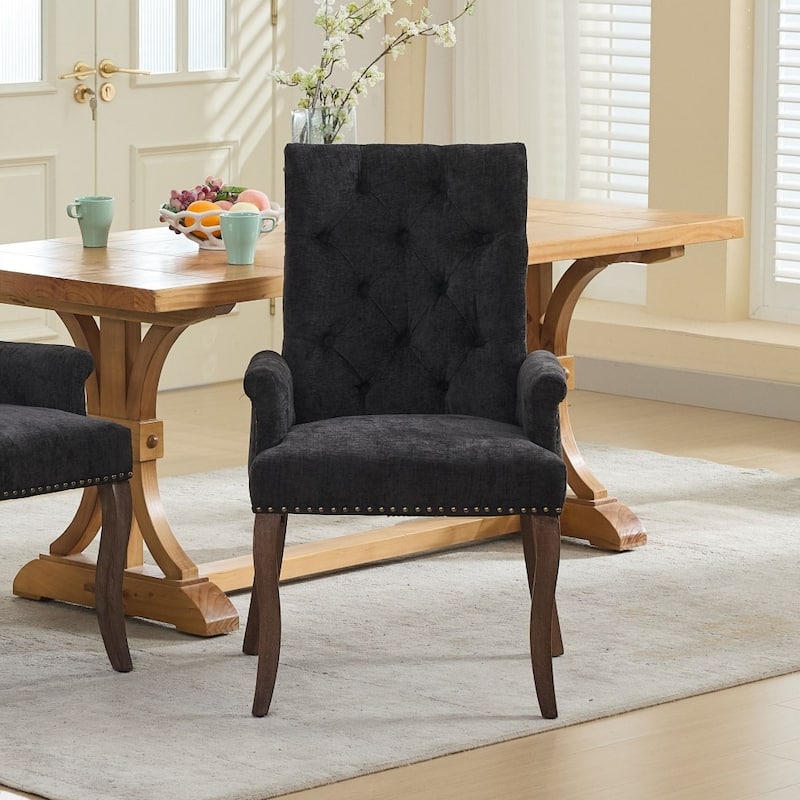Upholstered Chenille Fabric Accent Dining Chair with Curved Solid Wood Legs - Black