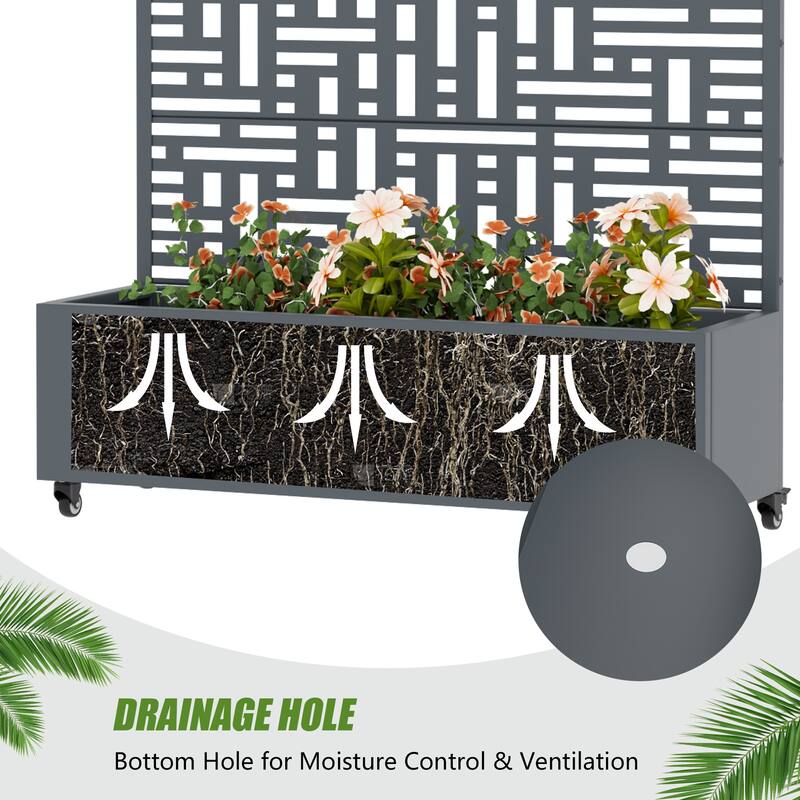 Metal Movable Planter Box with Trellis Privacy Screen Lockable Wheels