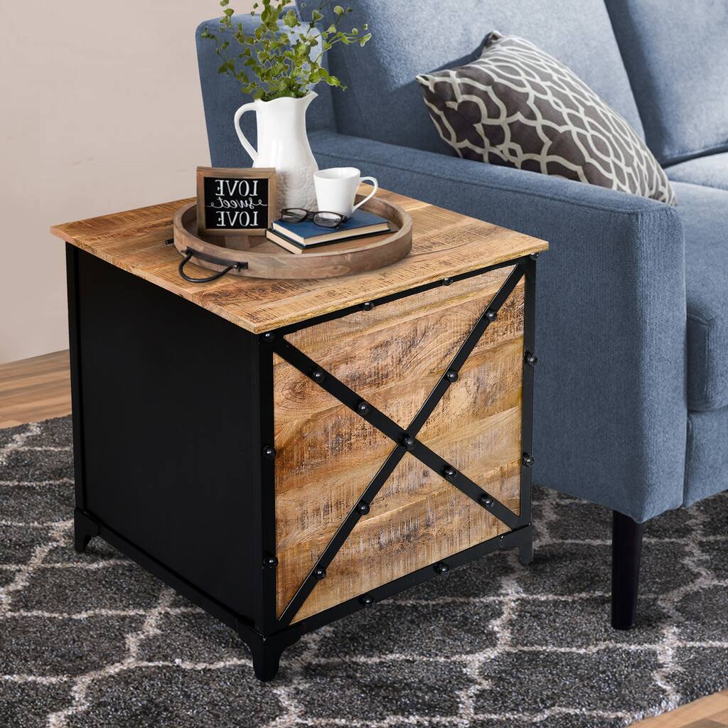 Daz 24 Inch Square End Side Table with Built In Storage Trunk, Mango Wood, Metal, Rivet Accents, Brown, Black