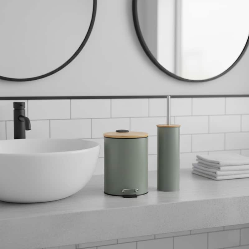 Bathroom Set with Bamboo Lid - Matte Metal Trash Can and Toilet Brush - 15.6" H x 11" L x 11" W - Green