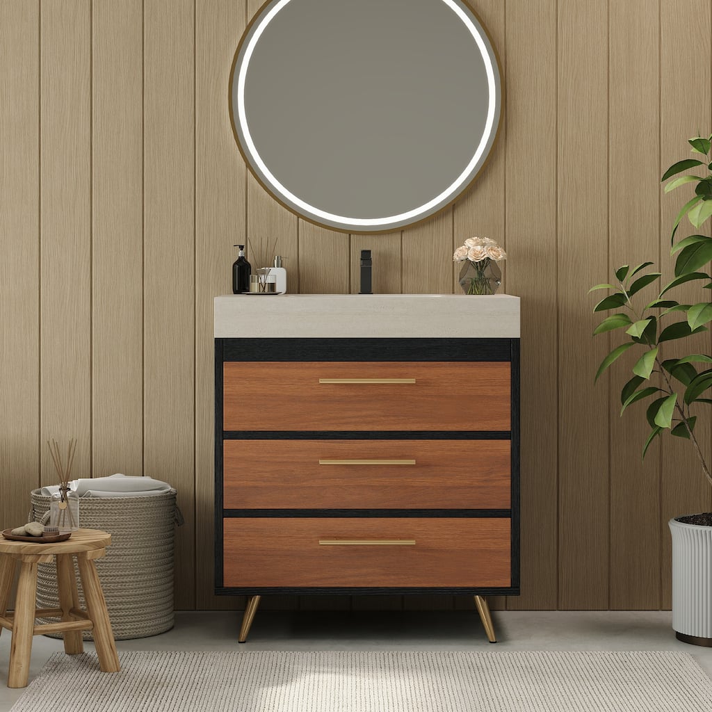 Modern Free-Standing Bathroom Vanity with Ceramic Vessel Sink & Durable Sintered Stone Top