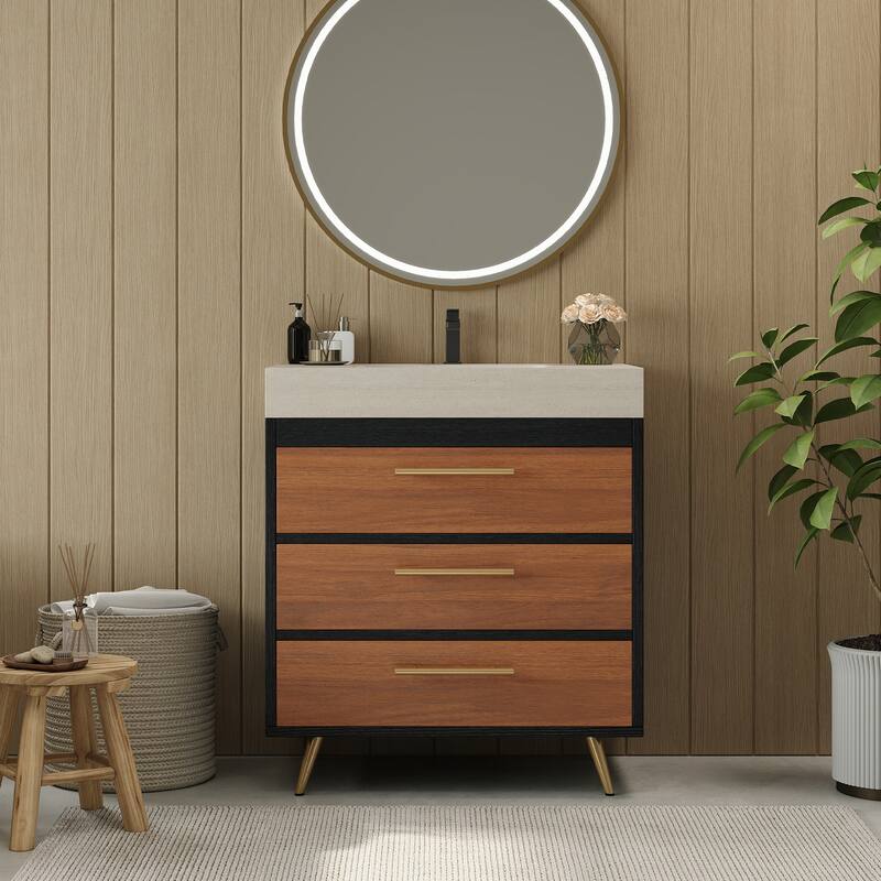 Modern Free-Standing Bathroom Vanity with Ceramic Vessel Sink & Durable Sintered Stone Top - Black,Gold,Stone Gray,Walnut,White