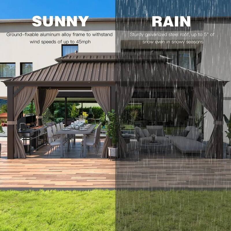 Outdoor Pro Series Galvanized Steel Hardtop Patio Gazebo Pergola w/Aluminum Frame, Prime Curtains and nettings include