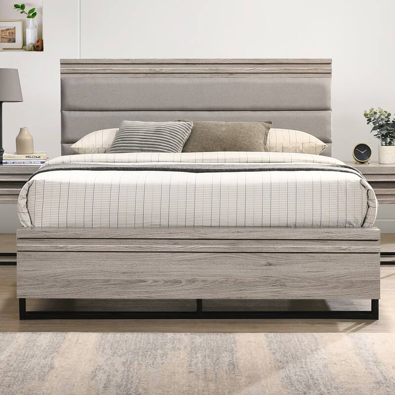 Roundhill Furniture Alvear Upholstered Wood Wallbed Bed with White LED Lights, 2 Nightstands, Weathered Gray
