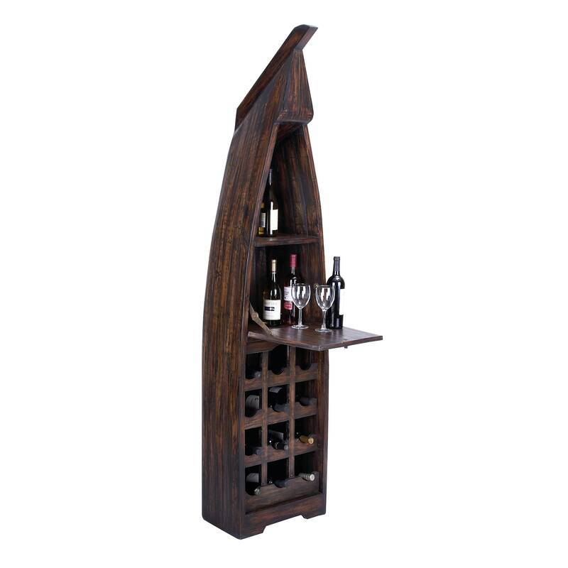 Brown Wood 12 Bottle and 2 Shelf Boat Standing Wine Rack with Foldable Tray