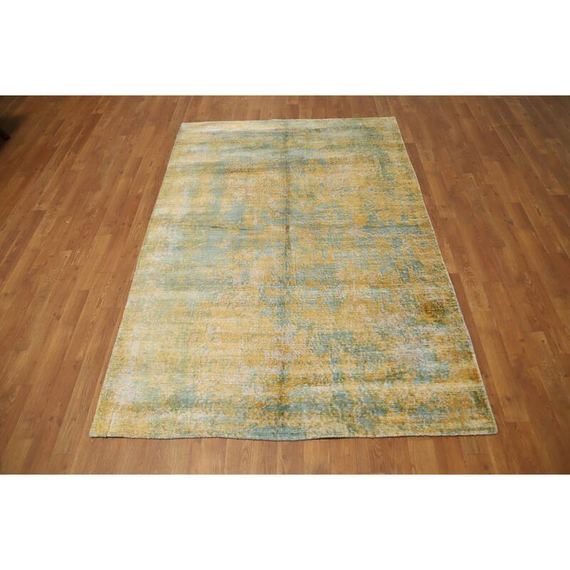 Hand Knotted Oriental Viscose Silk Carpet Modern Pictorial Yellow & Gold Abstract Area Rug - 6' 6'' X 4' 5''
